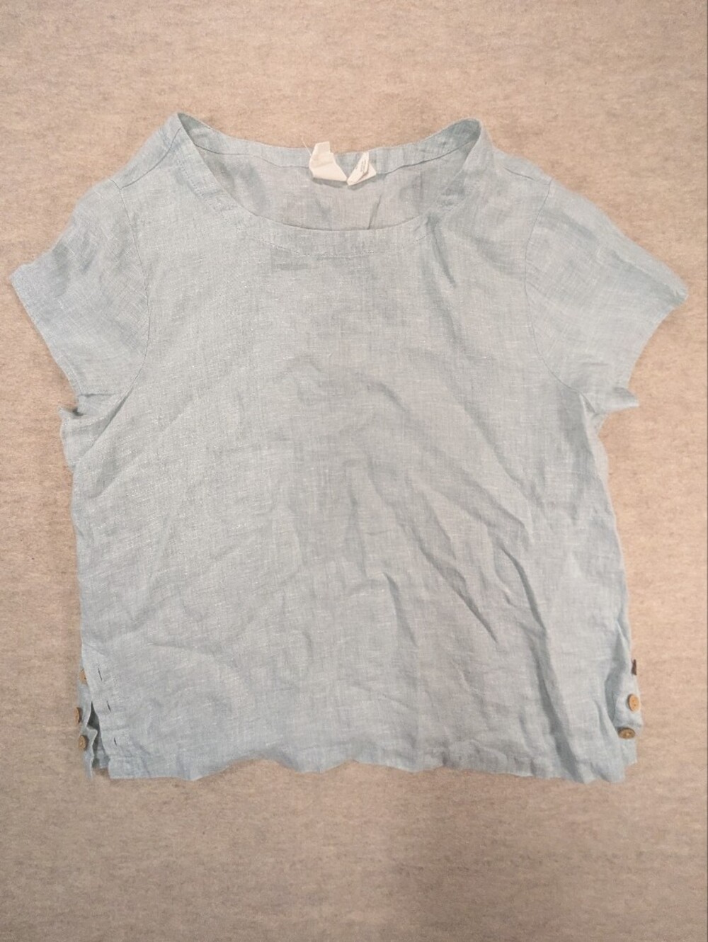 C&C California Light Aqua Blue Linen Short Sleeve Blouse Coconut Buttons Large